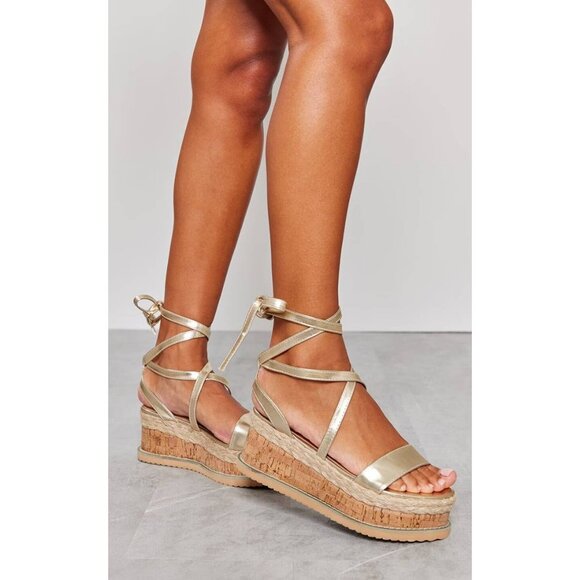 Pretty Little Thing Metallic Gold Boho Cottagecore Platform Chunky Sandals 3/36 - Picture 2 of 15